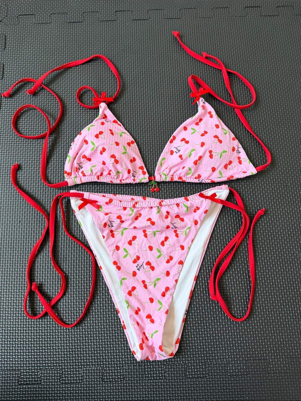 Betsey Johnson Pink Cherry Print Tie Bikini with Red Straps